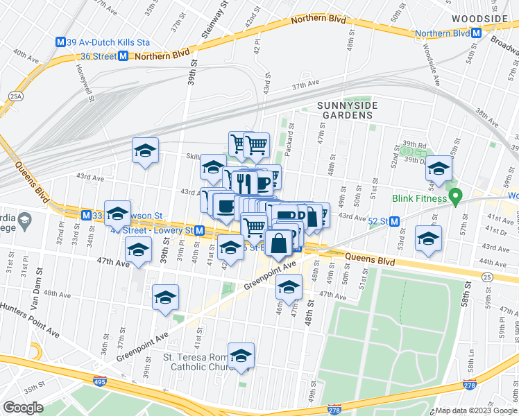 map of restaurants, bars, coffee shops, grocery stores, and more near in Queens