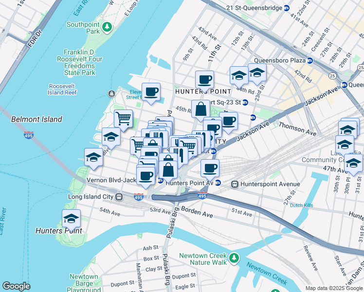 map of restaurants, bars, coffee shops, grocery stores, and more near 10-49 47th Road in Queens