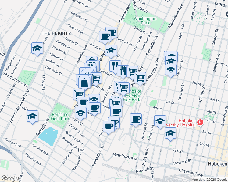 map of restaurants, bars, coffee shops, grocery stores, and more near 176 Webster Avenue in Jersey City