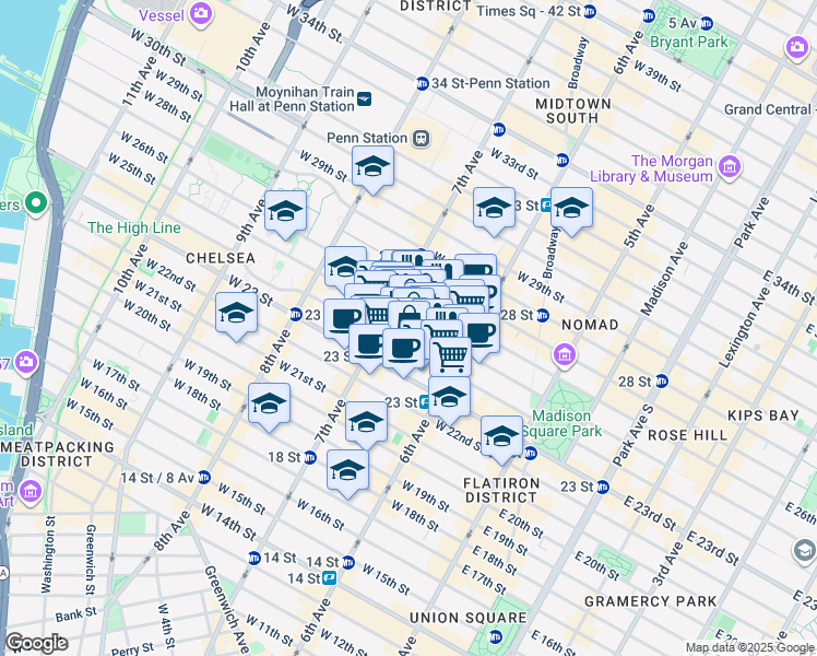 map of restaurants, bars, coffee shops, grocery stores, and more near 152 West 25th Street in New York