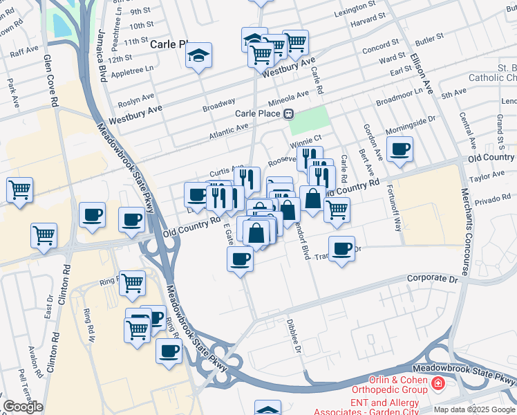 map of restaurants, bars, coffee shops, grocery stores, and more near 357 Old Country Road in Carle Place