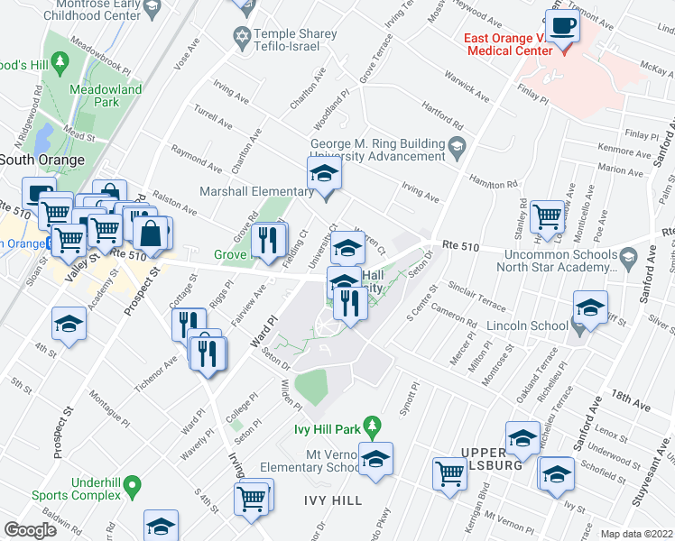 map of restaurants, bars, coffee shops, grocery stores, and more near 451 South Orange Avenue in South Orange