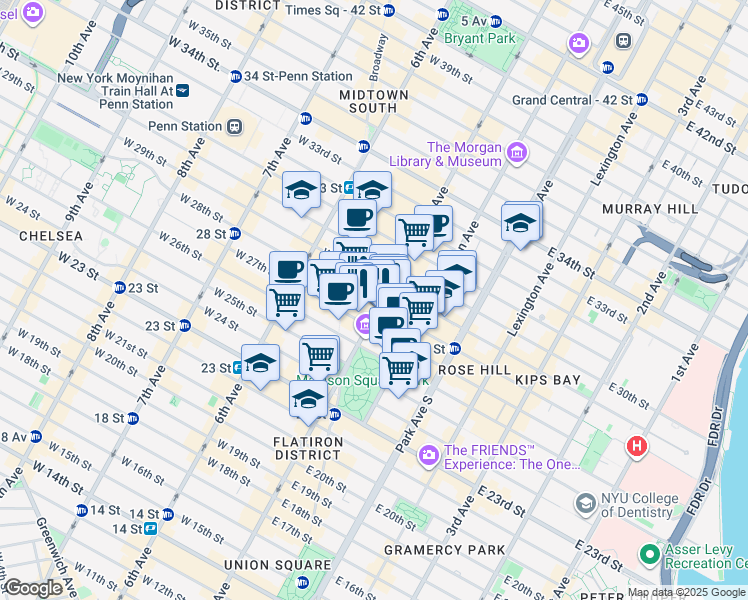 map of restaurants, bars, coffee shops, grocery stores, and more near 250 5th Avenue in New York