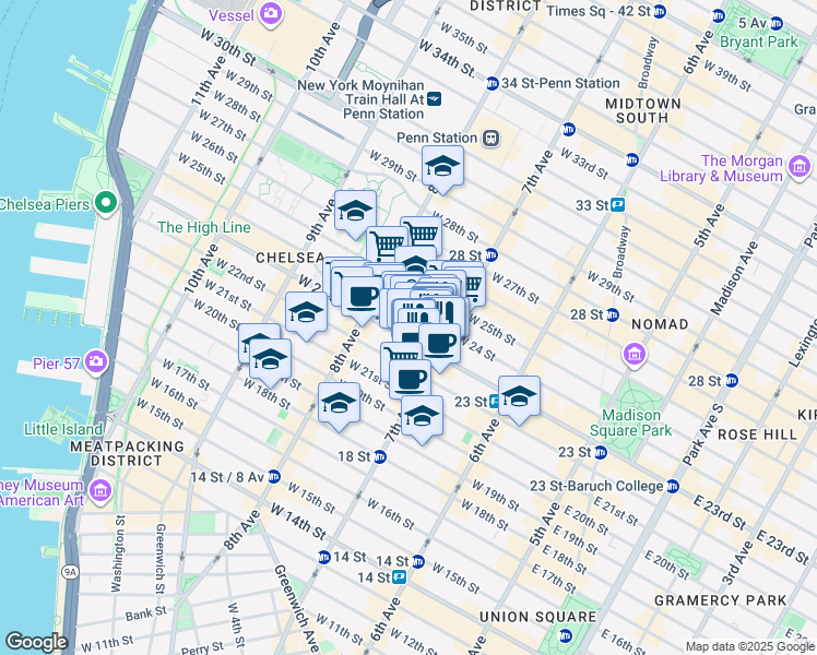 map of restaurants, bars, coffee shops, grocery stores, and more near 213 West 23rd Street in New York