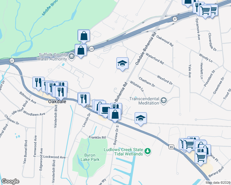map of restaurants, bars, coffee shops, grocery stores, and more near O'Keefe Court in Oakdale