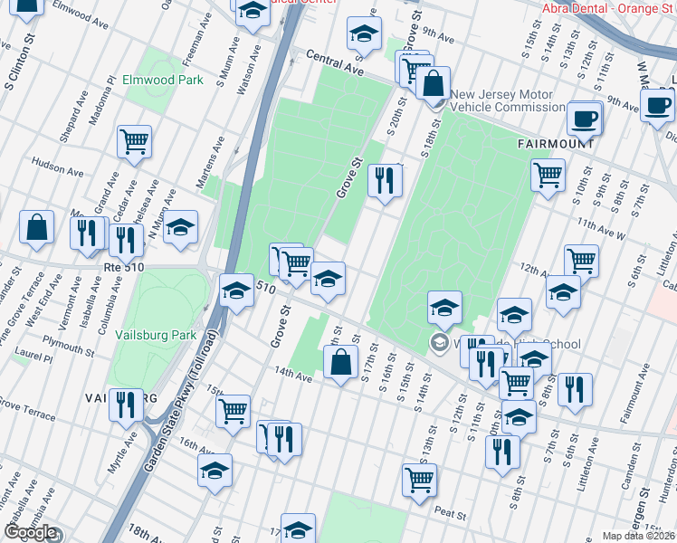map of restaurants, bars, coffee shops, grocery stores, and more near 365 South 19th Street in Newark