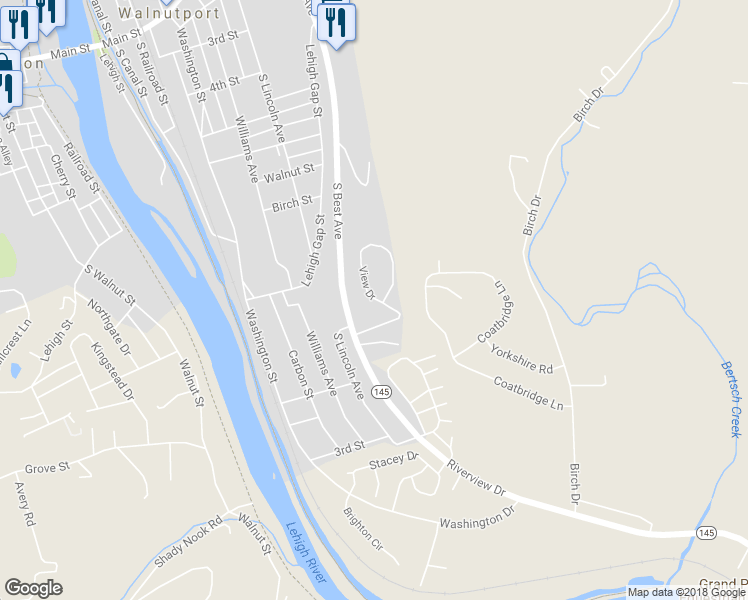map of restaurants, bars, coffee shops, grocery stores, and more near 39 View Drive in Walnutport