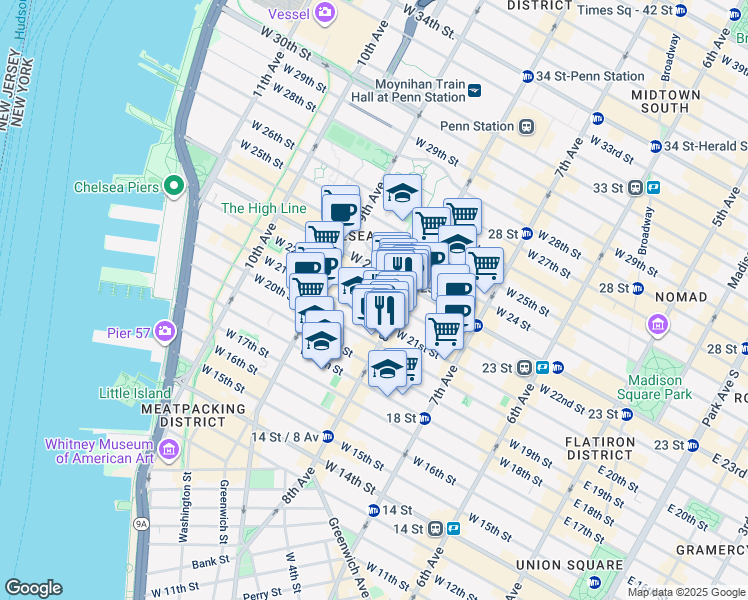 map of restaurants, bars, coffee shops, grocery stores, and more near 320 West 22nd Street in New York