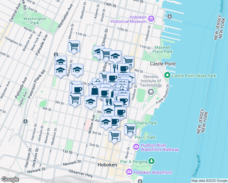map of restaurants, bars, coffee shops, grocery stores, and more near 647 Garden Street in Hoboken