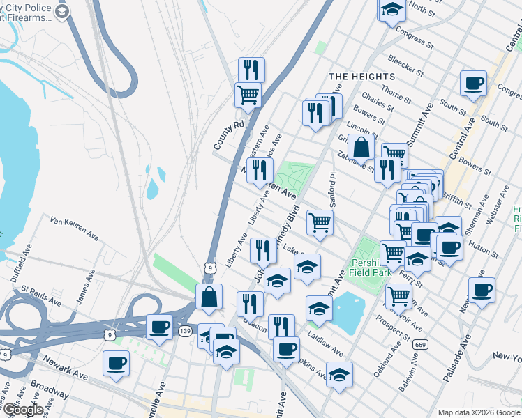 map of restaurants, bars, coffee shops, grocery stores, and more near 114 Carlton Avenue in Jersey City