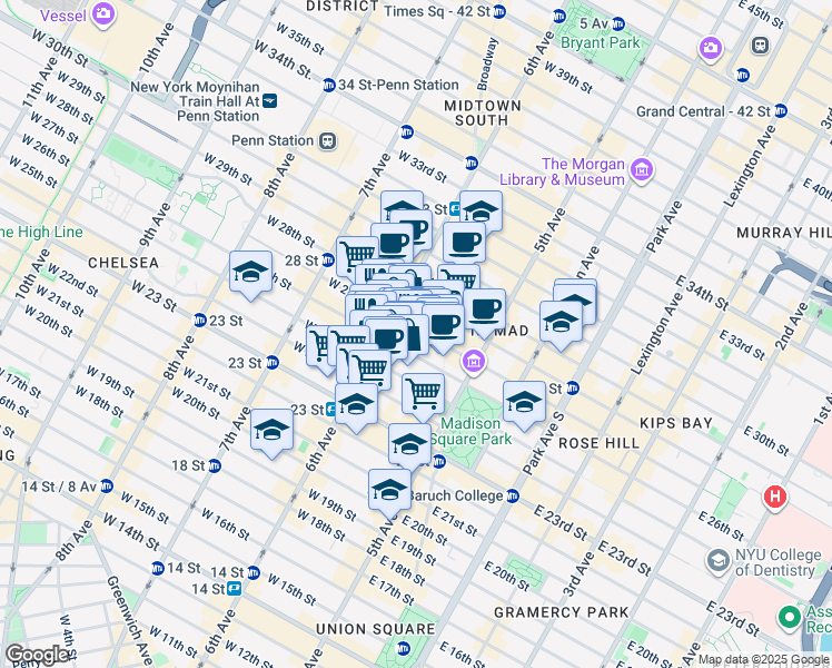 map of restaurants, bars, coffee shops, grocery stores, and more near 37w West 26th Street in New York