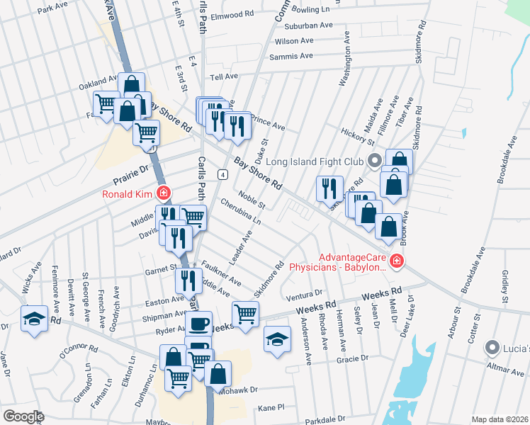 map of restaurants, bars, coffee shops, grocery stores, and more near 87 Cherubina Lane in North Babylon