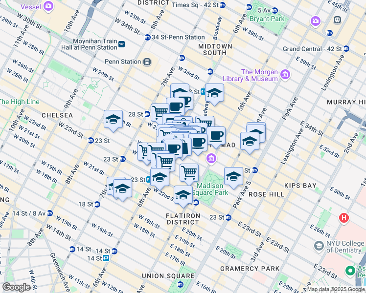 map of restaurants, bars, coffee shops, grocery stores, and more near 40 West 27th Street in New York