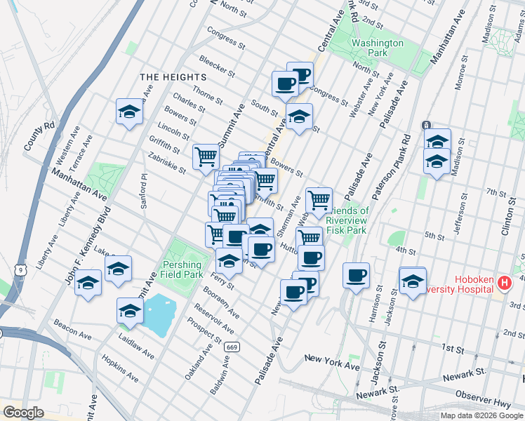 map of restaurants, bars, coffee shops, grocery stores, and more near 50 Cambridge Avenue in Jersey City