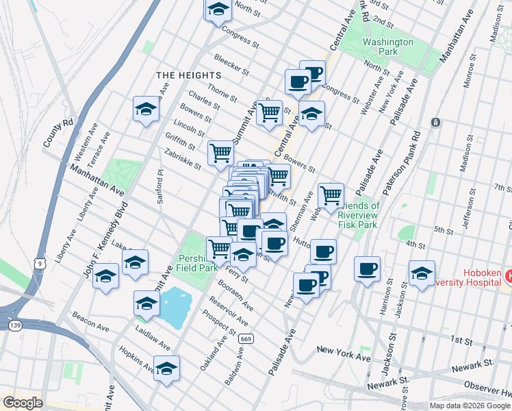 map of restaurants, bars, coffee shops, grocery stores, and more near 270 Central Avenue in Jersey City