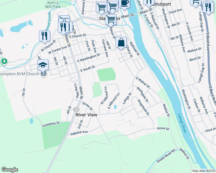 map of restaurants, bars, coffee shops, grocery stores, and more near 7361 West Hillcrest Lane in Slatington