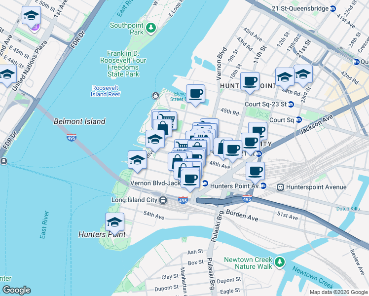 map of restaurants, bars, coffee shops, grocery stores, and more near 4812 Vernon Boulevard in Queens