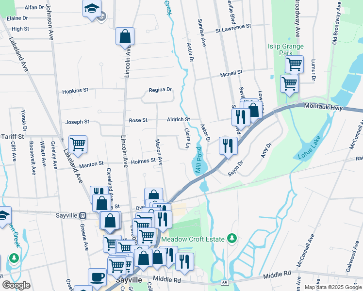 map of restaurants, bars, coffee shops, grocery stores, and more near 27 Claire Lane in Sayville