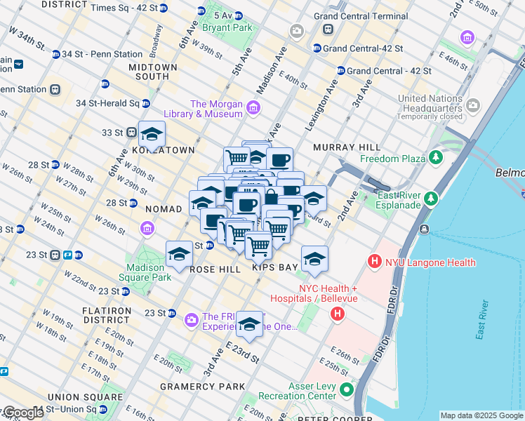 map of restaurants, bars, coffee shops, grocery stores, and more near 192 Lexington Avenue in New York