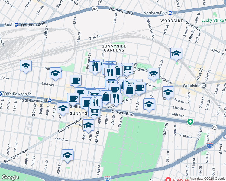 map of restaurants, bars, coffee shops, grocery stores, and more near 41-43 49th Street in Queens