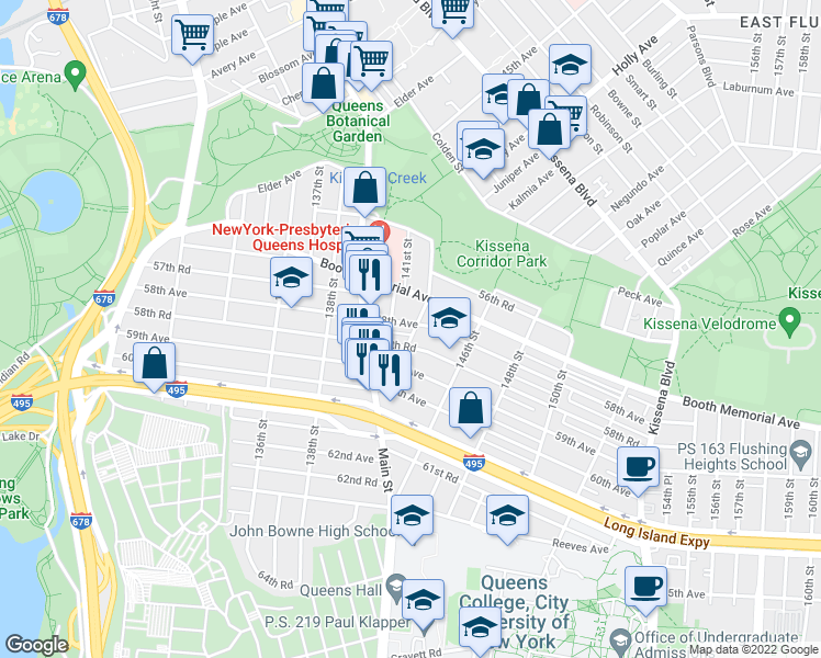 map of restaurants, bars, coffee shops, grocery stores, and more near 139-46 58th Avenue in Queens