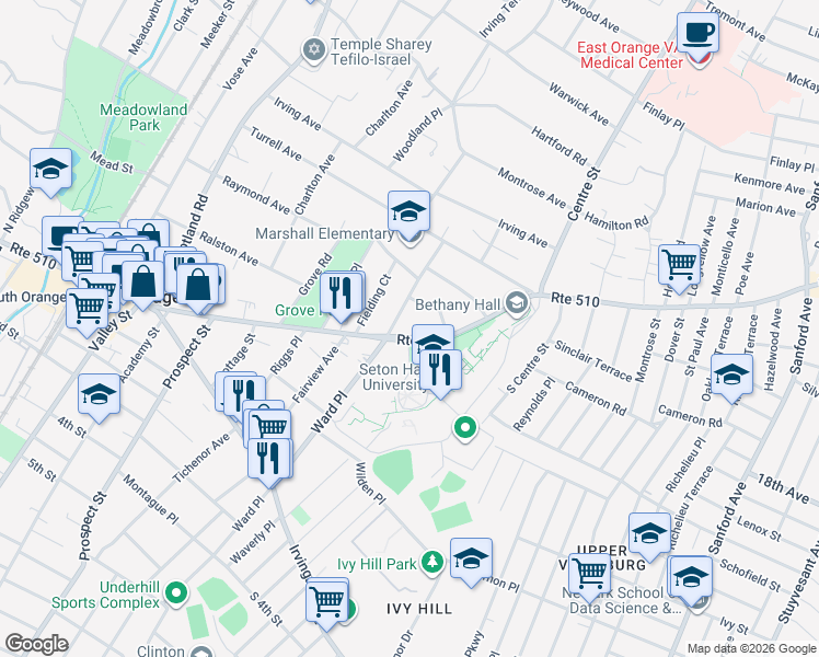 map of restaurants, bars, coffee shops, grocery stores, and more near 451 South Orange Avenue in South Orange
