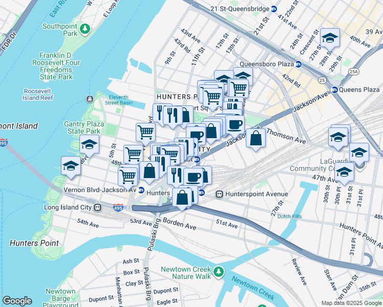 map of restaurants, bars, coffee shops, grocery stores, and more near in Queens