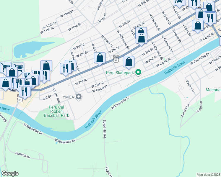 map of restaurants, bars, coffee shops, grocery stores, and more near 451-499 West Canal Street in Peru
