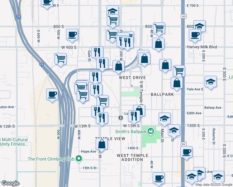 map of restaurants, bars, coffee shops, grocery stores, and more near 1112 South 200 West in Salt Lake City