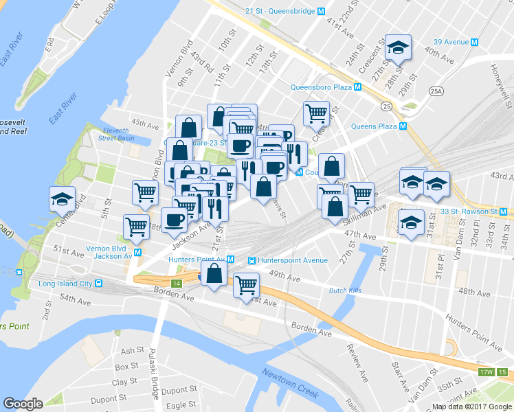 map of restaurants, bars, coffee shops, grocery stores, and more near 22-18 Jackson Avenue in Queens