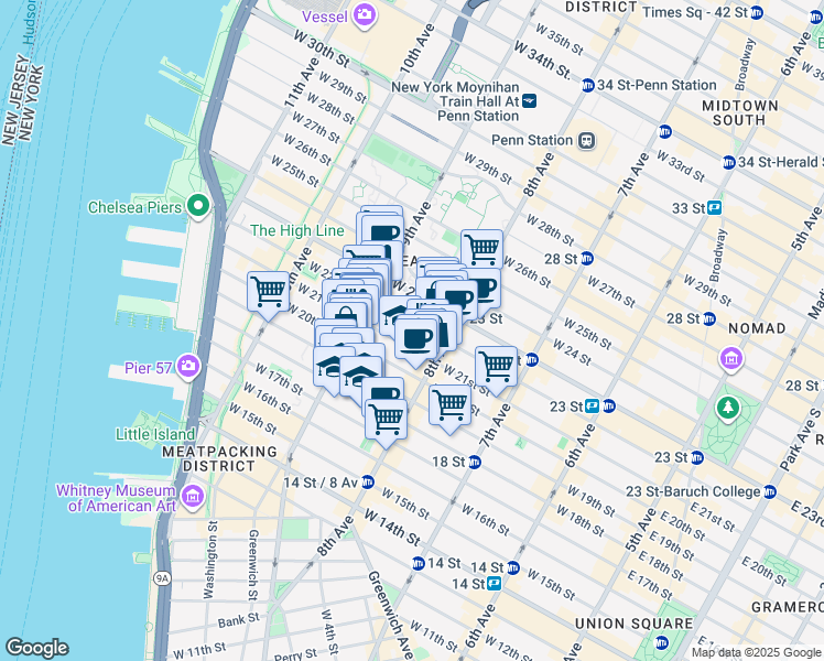 map of restaurants, bars, coffee shops, grocery stores, and more near 326 West 21st Street in New York