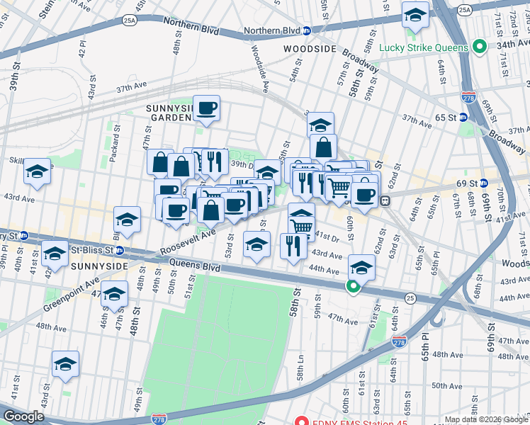 map of restaurants, bars, coffee shops, grocery stores, and more near Roosevelt Avenue & 55th Street in Queens