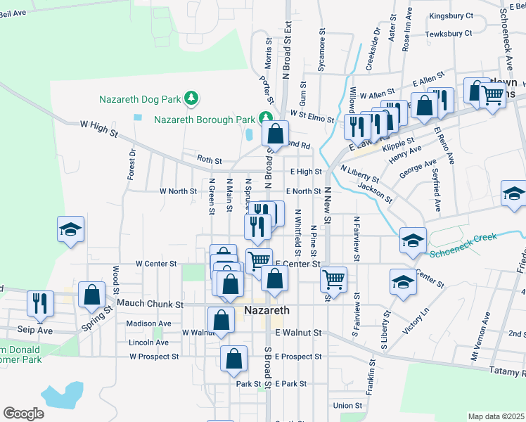 map of restaurants, bars, coffee shops, grocery stores, and more near 141 South Broad Street in Nazareth