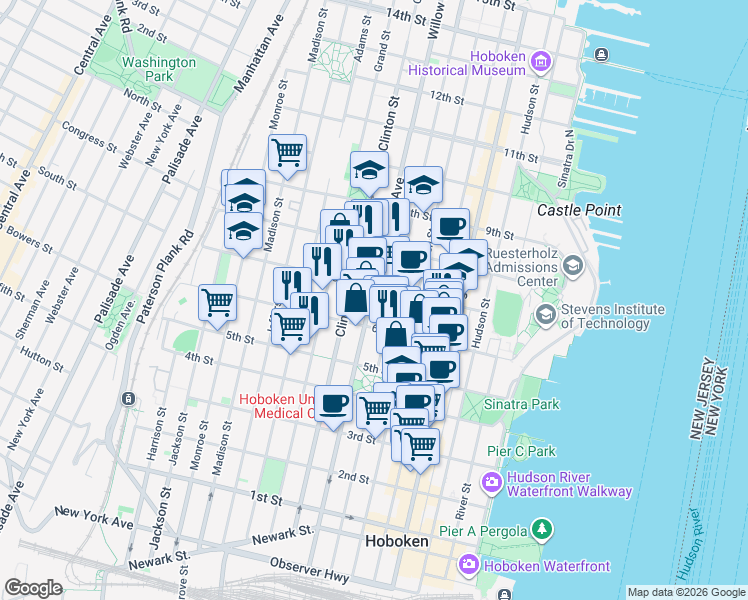map of restaurants, bars, coffee shops, grocery stores, and more near in Hoboken