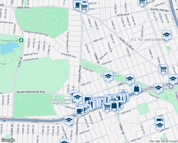 map of restaurants, bars, coffee shops, grocery stores, and more near 50-17 185th Street in Queens