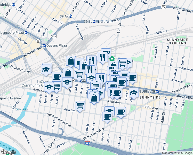 map of restaurants, bars, coffee shops, grocery stores, and more near 35-19 Queens Boulevard in Queens