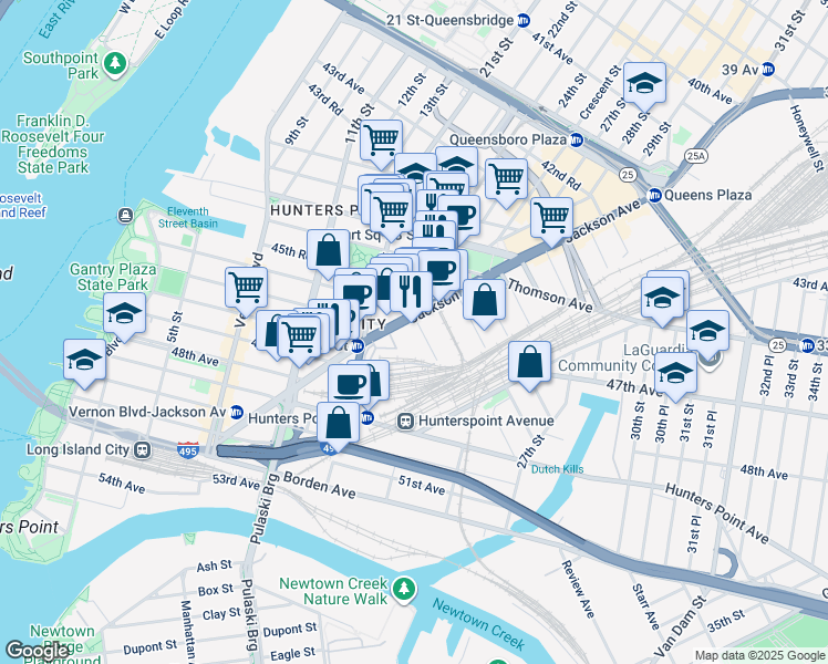 map of restaurants, bars, coffee shops, grocery stores, and more near 22-18 Jackson Avenue in Queens
