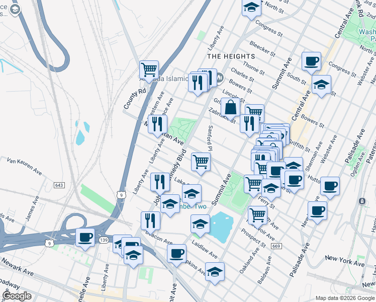 map of restaurants, bars, coffee shops, grocery stores, and more near 3284 John F. Kennedy Boulevard in Union City