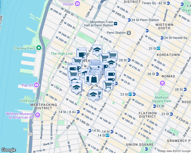 map of restaurants, bars, coffee shops, grocery stores, and more near 219 8th Avenue in New York
