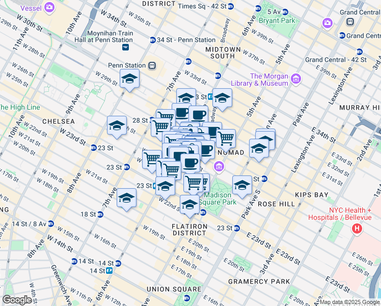 map of restaurants, bars, coffee shops, grocery stores, and more near 37w West 26th Street in New York