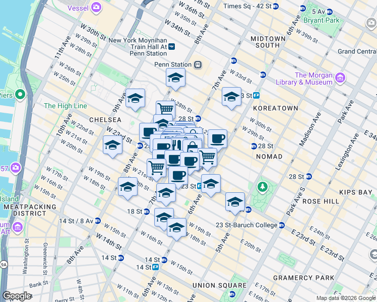 map of restaurants, bars, coffee shops, grocery stores, and more near in New York