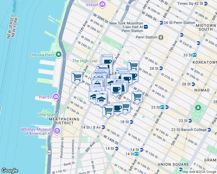 map of restaurants, bars, coffee shops, grocery stores, and more near 343 West 21st Street in New York