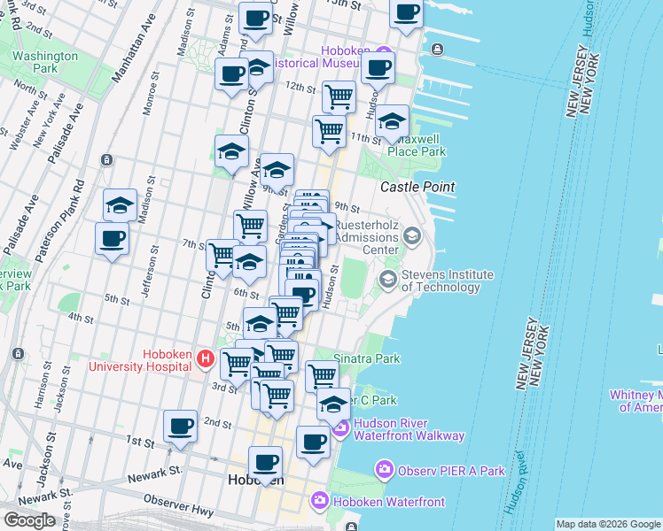 map of restaurants, bars, coffee shops, grocery stores, and more near 635 Court Street in Hoboken