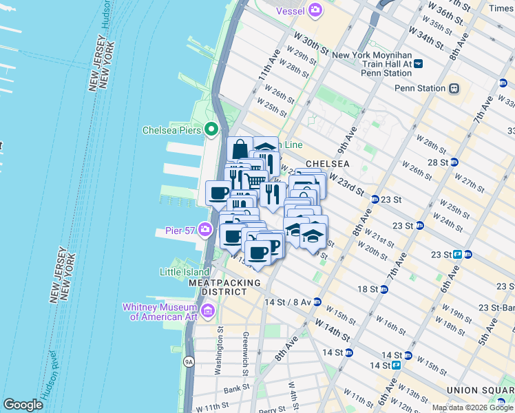 map of restaurants, bars, coffee shops, grocery stores, and more near 456 West 19th Street in New York