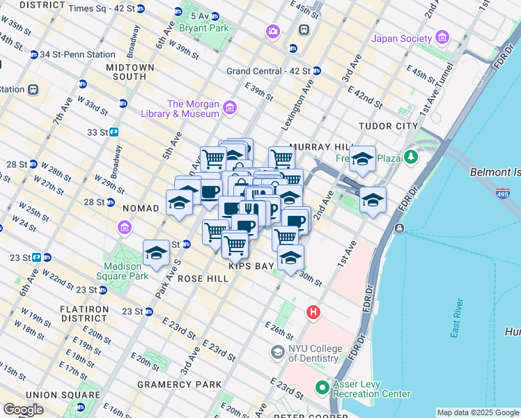 map of restaurants, bars, coffee shops, grocery stores, and more near 155 East 31st Street in New York