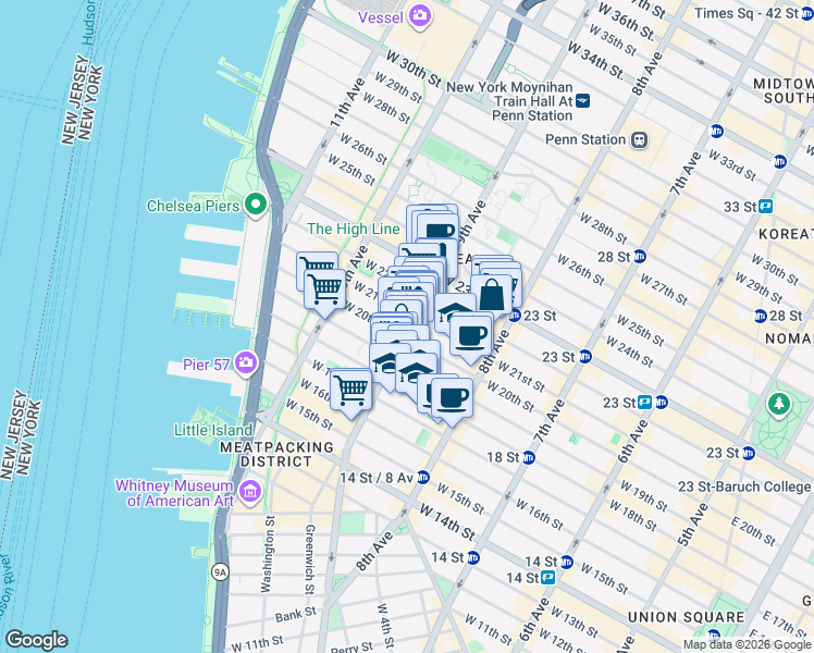 map of restaurants, bars, coffee shops, grocery stores, and more near 162 9th Avenue in New York