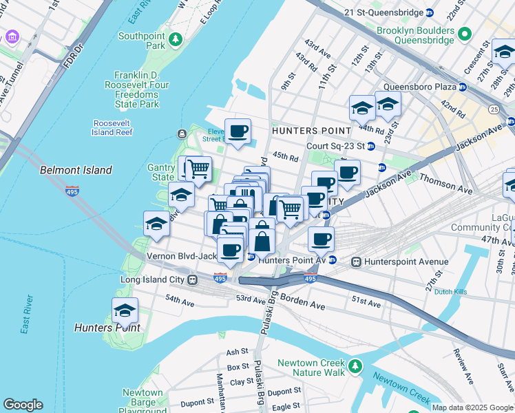 map of restaurants, bars, coffee shops, grocery stores, and more near 10-12 47th Road in Queens