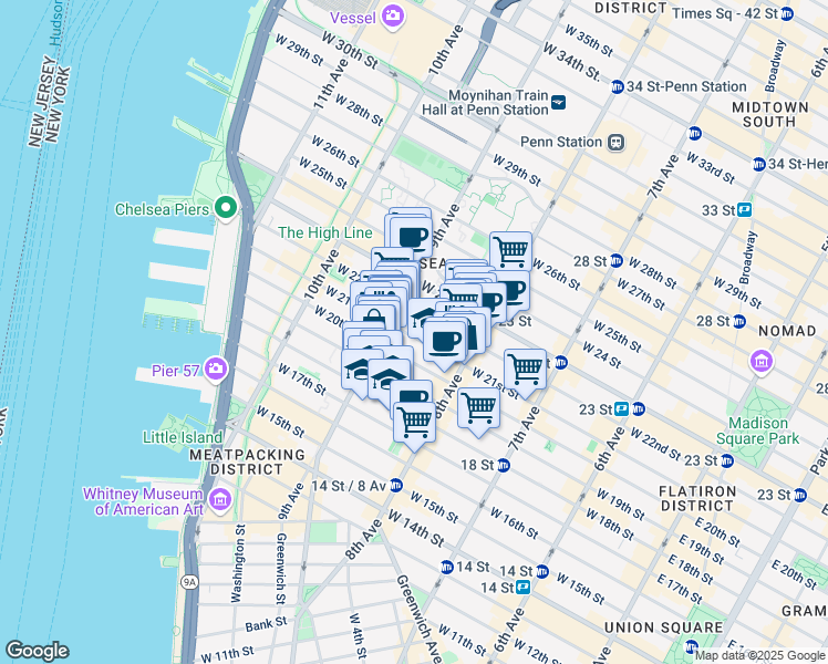 map of restaurants, bars, coffee shops, grocery stores, and more near 326 West 21st Street in New York