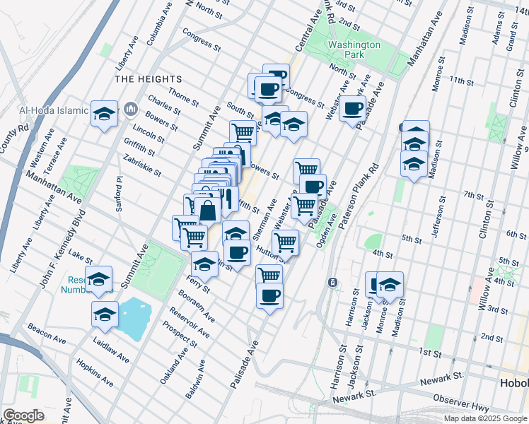 map of restaurants, bars, coffee shops, grocery stores, and more near 62 Hancock Avenue in Jersey City