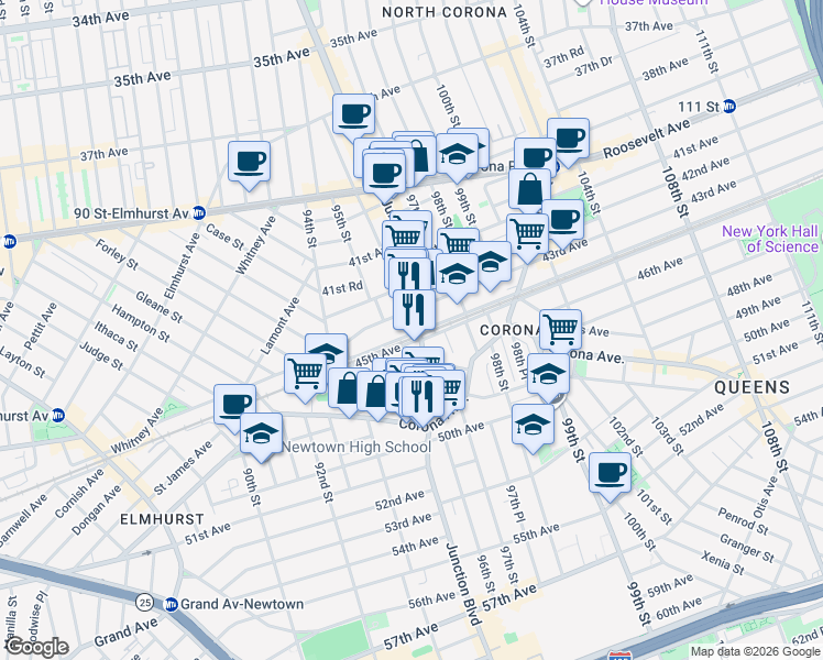 map of restaurants, bars, coffee shops, grocery stores, and more near 96-04 45th Avenue in Queens